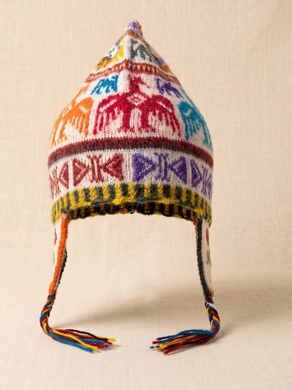Traditional Andean Knitted Sheep's Wool Chullo with Condor Design
